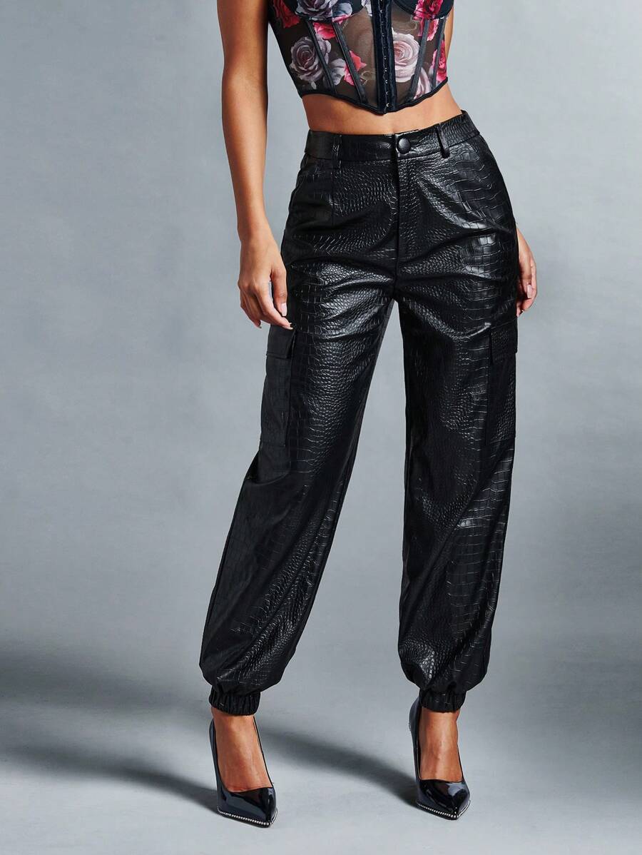 SHEIN BAE Cao eo chất liệu da PU Quần Chạy bộ - màu đen - Xem 1