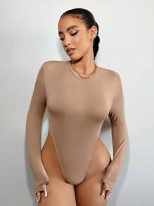 SHEIN SXY 純色高彈性高腰連體褲,適用於新年 - 卡其色 - 查看 1