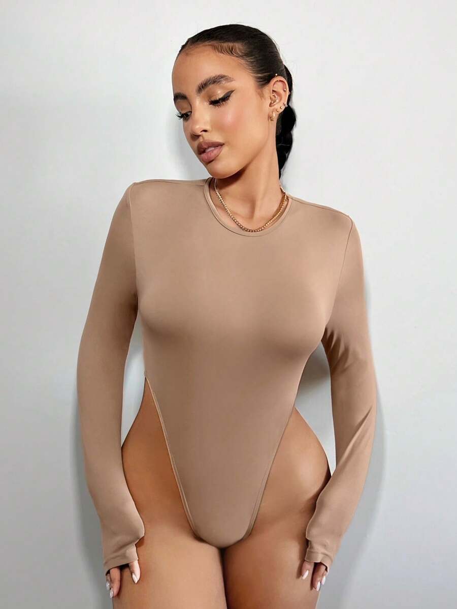 SHEIN SXY 純色高彈性高腰連體褲,適用於新年 - 卡其色 - 查看 1