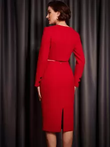 Vintamour 2pcs/Set Vintage Elegant Ladies Sweetheart Neck Long Sleeve Single-Breasted Blouse And Midi Skirt Set, Christmas - Red - View 2