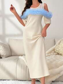 Women Nightgowns & Sleepshirts Kontras Faux Fur Kontras Mesh Ruffle Blok Warna Cantik-Mewah - Aprikot - View 3