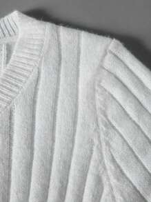 SHEIN Unity Solid V Neck Ribbed Knit Pullover Fall Winter Sweater - White - View 3