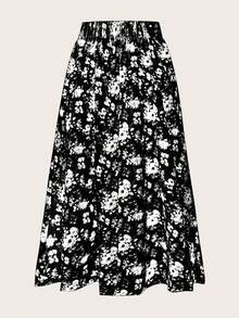 SHEIN Frenchy Floral Print A-line Skirt - Black - View 2