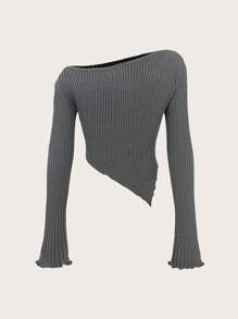 SHEIN Unity Solid Asymmetrical Neck Lettuce Trim Hanky Hem Crop Tee - Dark Grey - View 2