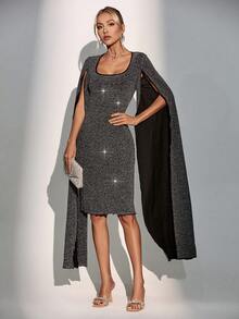 SHEIN Privé áo tay cánh Long lanh Váy bodycon - Xám - Xem 6