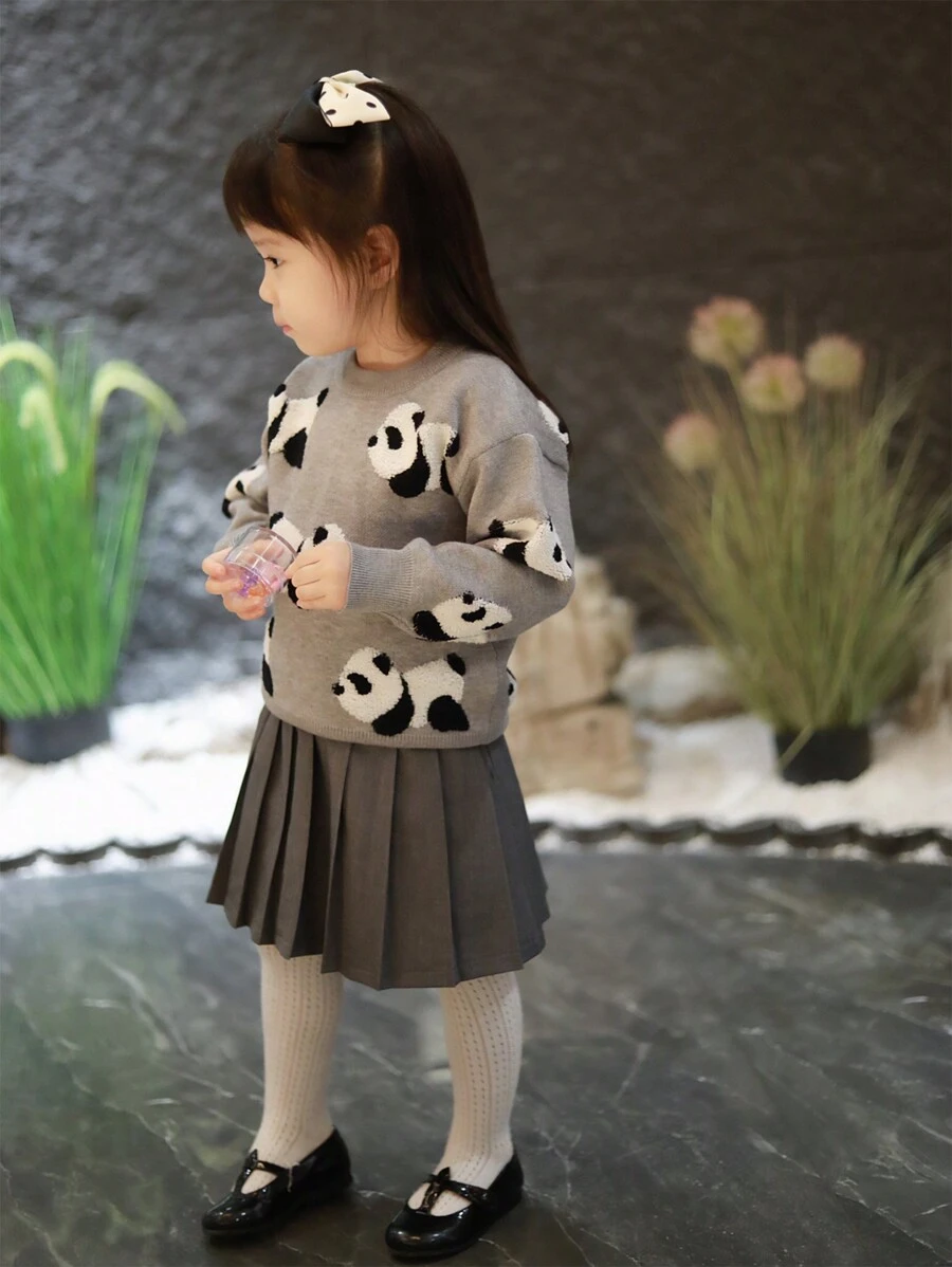 Young Girl Panda Pattern Drop Shoulder Sweater - Grey - View 1