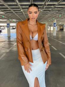 SHEIN SXY Cổ áo không bâu Chi tiết về Flap Áo vest Buổi tiệc - Màu Khaki - Xem 3