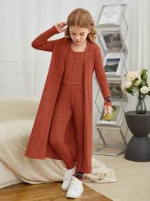 SHEIN Tween Girl 1pc Solid Tank Top & 1pc Open Front Coat & 1pc Pants - Rust Brown - View 1