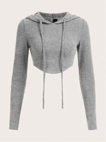SHEIN EZwear Chất rắn Dây rút áo có mũ Áo len crop - Màu Xám nhạt - Xem 1