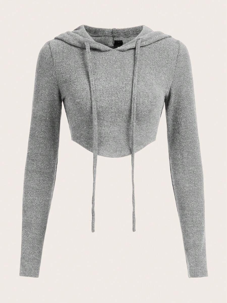 SHEIN EZwear Chất rắn Dây rút áo có mũ Áo len crop - Màu Xám nhạt - Xem 1