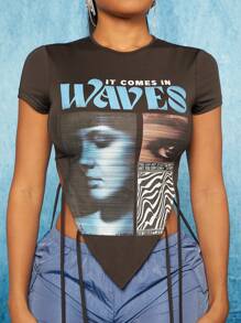 SHEIN SXY Slogan & Figure Graphic Asymmetrical Hem Tee