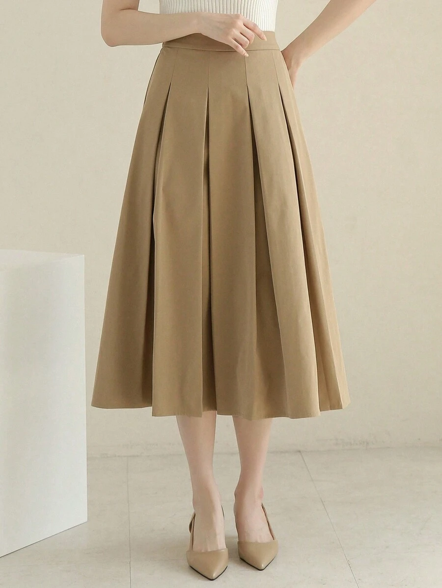 DAZY Cao eo Chi tiết xếp li Váy - Màu Khaki - Xem 1