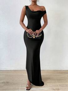 SHEIN Unity 纯色不对称领口露背长裙女装 - 黑色 - 查看 4