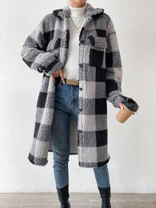 SHEIN Essnce Solid Drop Shoulder Flap Detail Teddy Coat - Black - View 5