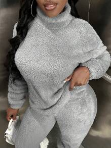 Slaydiva 小高領落肩袖毛絨套頭衫和褲子 - 灰色 - 查看 5