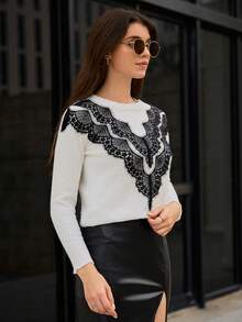 SHEIN Frenchy Jersey ribete con encaje en contraste - Blanco y Negro - Ver 3