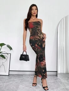 SHEIN Privé Floral Print Split Thigh Tube Bodycon Dress - Multicolor - View 3
