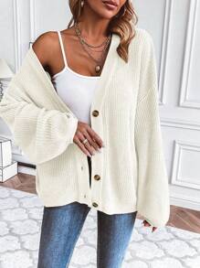 Selenza Spring & Summer White Lantern Sleeve Button Up Loose Knit Cardigan,Long Sleeve Tops Fall Winter Cloth For Women