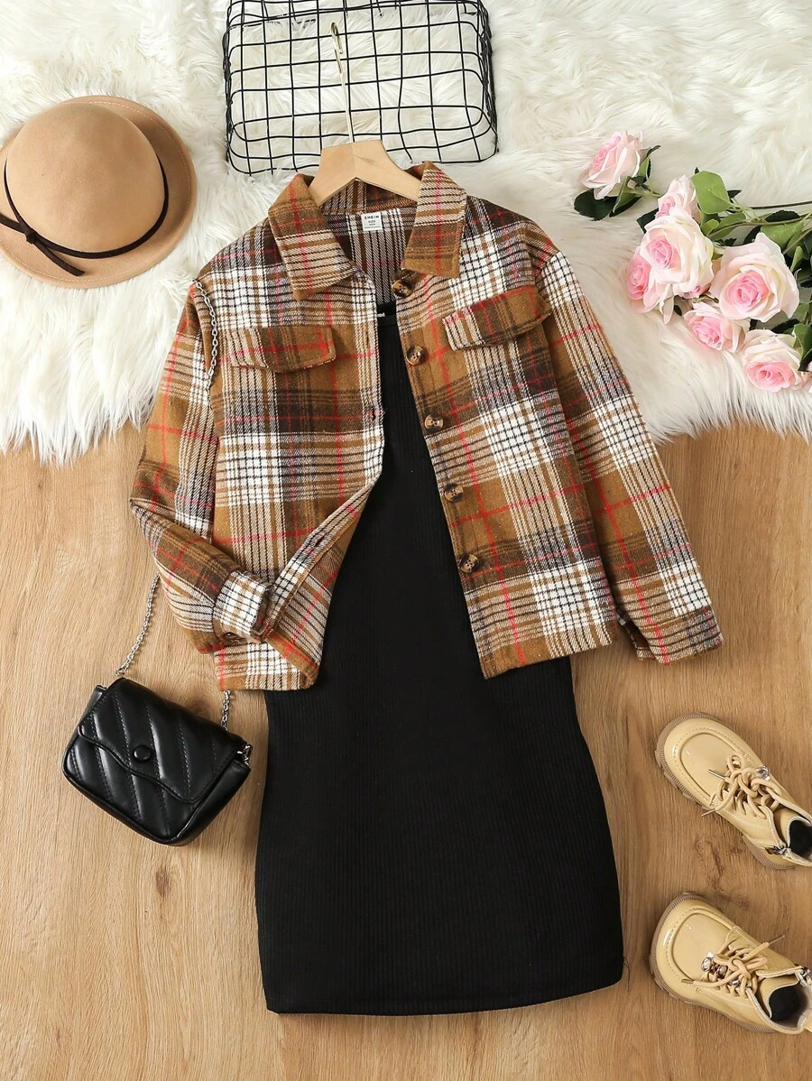 SHEIN Tween Girl Plaid Print Flap Detail Jacket & Dress