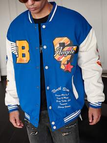 Manfinity Roghcode Abrigo acolchado de estilo universitario con bloqueo de color, gráfico con lema y ribete a rayas de corte holgado para hombre