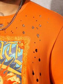GENTILAND Men Plus Size Sun & Letter Graphic Hollow Out Tee - Orange - View 5