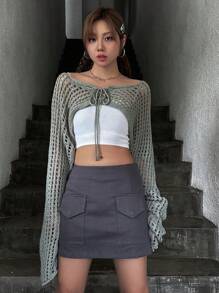 DAZY 1pc Lace Up Front Crop Open Knit Cardigan Sheer - Green - View 1