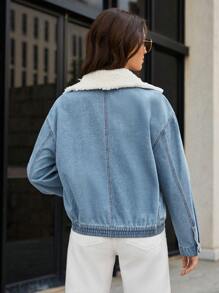 SHEIN Frenchy Borg Collar Drop Shoulder Denim Jacket Winter - Dark Wash - View 6