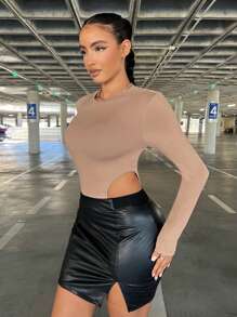 SHEIN SXY 純色高彈性高腰連體褲,適用於新年 - 卡其色 - 查看 2