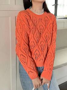 SHEIN Unity Áo len chui đầu dáng suông, chất liệu dệt kim Pointelle, màu trơn, thích hợp cho mùa thu đông. - trái cam - Xem 5
