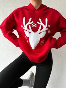 EURMUSE Christmas Elk Print Drop Shoulder Hoodie - Red - View 6