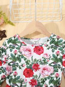 女大童印花荷葉邊上衣和PU皮革半身裙 - 紅色 - 查看 4