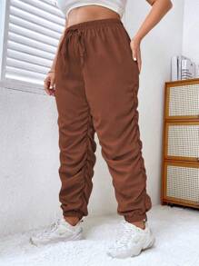 Flirla Plus Drawstring Waist Ruched Pants - Khaki - View 4
