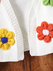 SHEIN 女小童花卉圖案補丁貼落肩袖開襟開衫 - 白色 - 查看 5