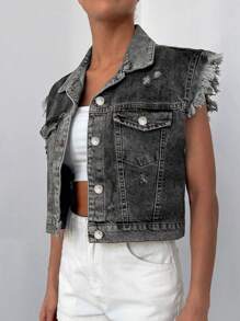 Cottnline Ripped Raw Trim Flap Pocket Denim Jacket - Dark Grey - View 1