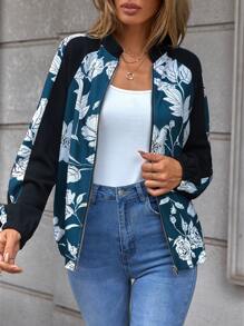 SHEIN LUNE 印花插肩袖飛行員夾克 - 綠色 - 查看 1