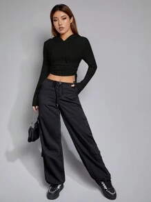 SHEIN EZwear Drawstring Side Crop Hoodie - Black - View 5