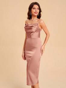 SHEIN Belle Draped Collar Split Back Satin Cami Dress Elegant Cocktail Semi Formal Prom Wedding Guest Dress, For Birthday, Graduation, Dinner, Homecoming Party Dress
