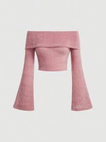 SHEIN MOD Foldover Off Shoulder Trumpet Sleeve Crop Tee - Pink - View 1