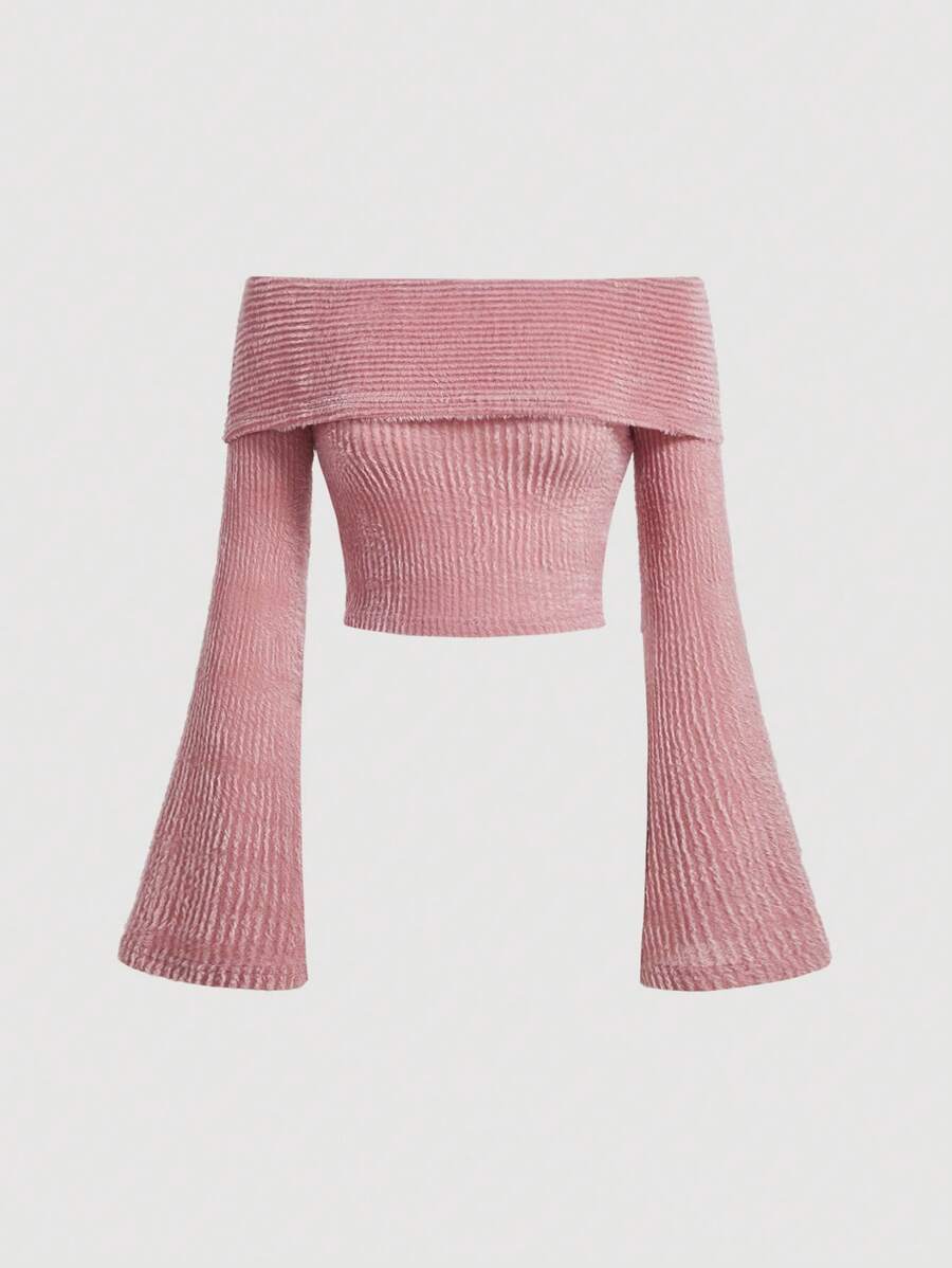 SHEIN MOD Foldover Off Shoulder Trumpet Sleeve Crop Tee - Pink - View 1