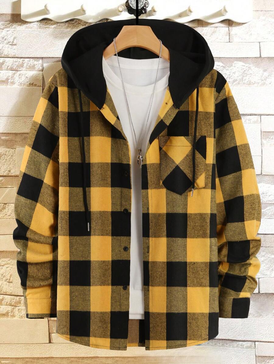 Manfinity Hypemode Men Buffalo Plaid Print Drawstring Hooded Shirt Without Tee - Yellow - View 1
