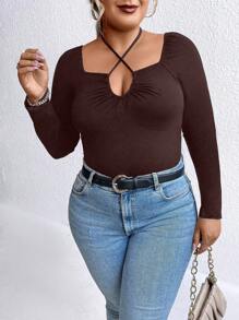 SHEIN Unity 大碼十字交叉後綁帶T恤 - 棕色 - 查看 1