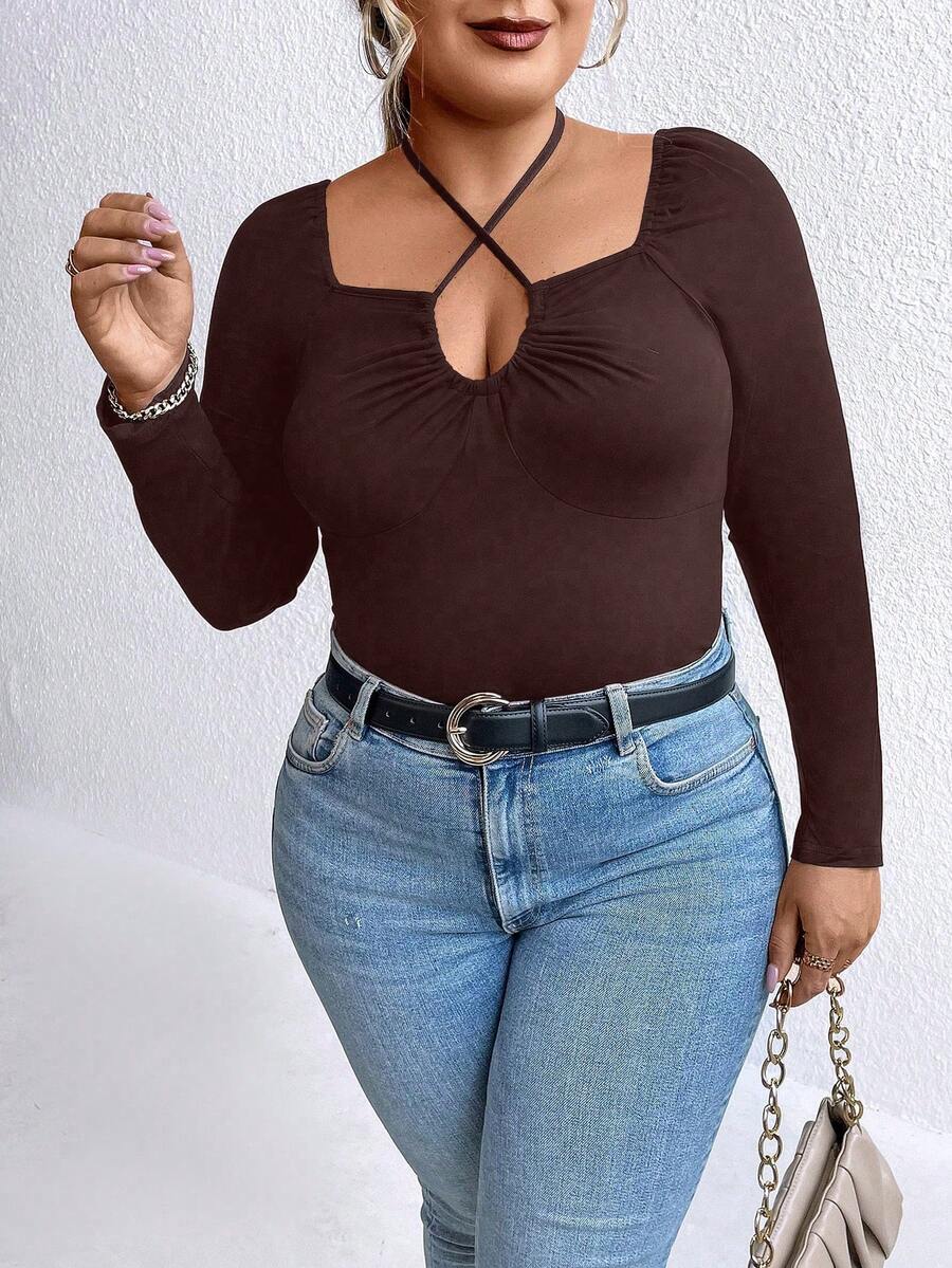 SHEIN Unity 大碼十字交叉後綁帶T恤 - 棕色 - 查看 1