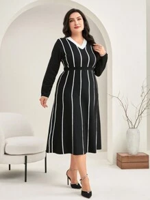 Modelyn Hơn Mẫu sọc Đầm Áo len Không có thắt lưng - Đen và trắng - Xem 4