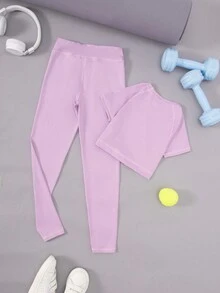 SHEIN 女大童素色插肩袖運動T恤和緊身褲 - 紫色 - 查看 2