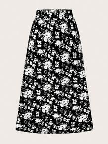 SHEIN Frenchy Floral Print A-line Skirt - Black - View 1