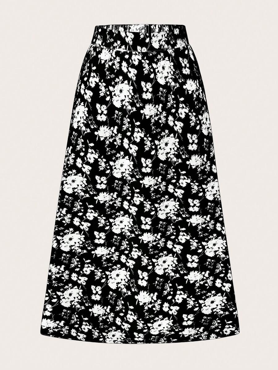 SHEIN Frenchy Floral Print A-line Skirt - Black - View 1
