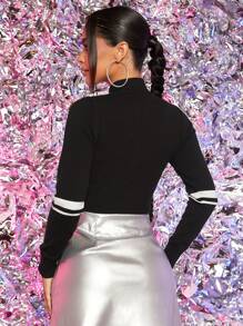 SHEIN PETITE Letter Pattern Zip Up Crop Cardigan - Black and White - View 2