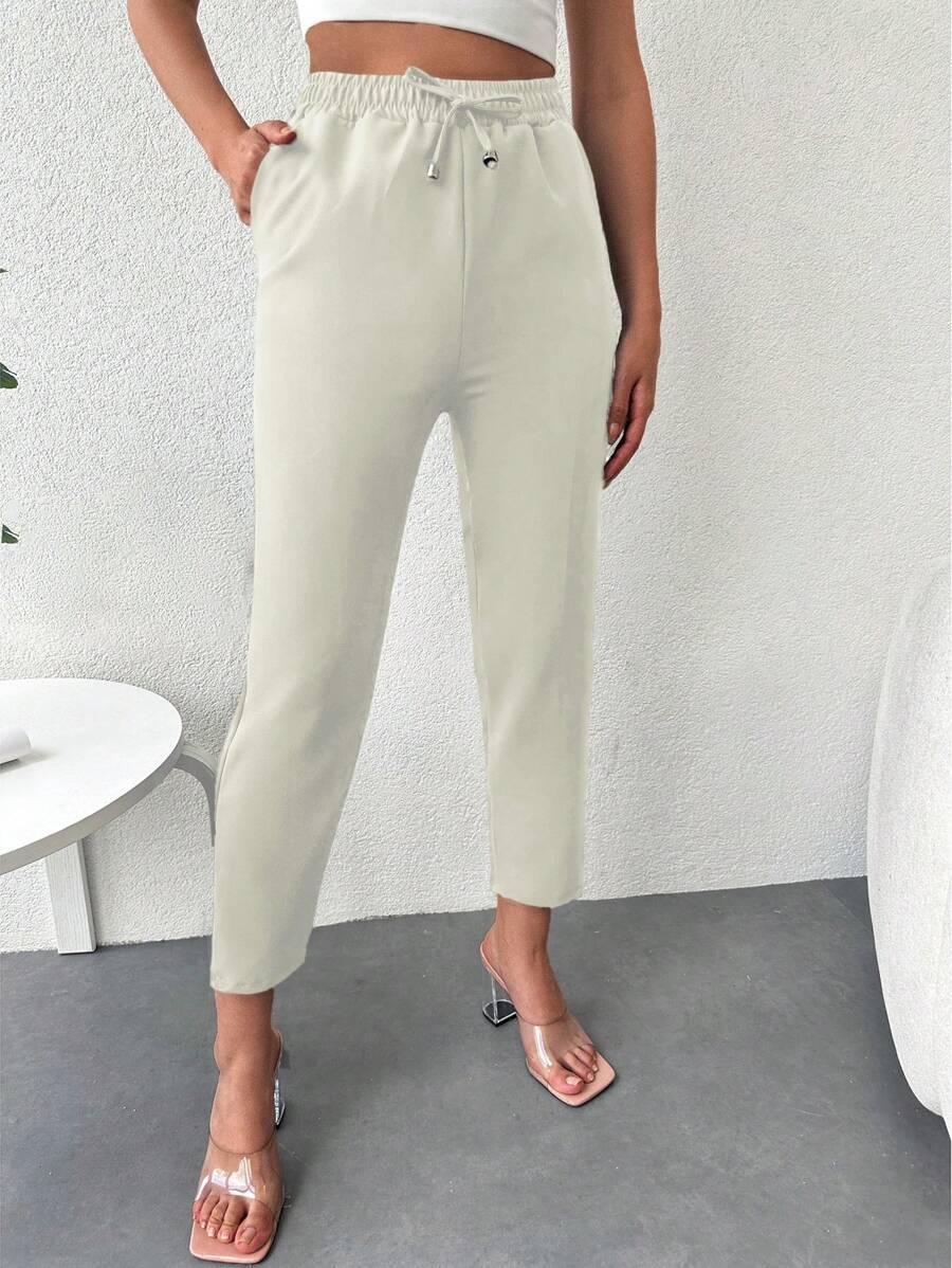 EURMUSE Pantalones de cintura con cordón con bolsillo oblicuo crop - Blanco - Ver 1