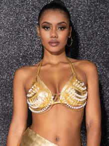 Swim EVENT Summer Beach Metallic Triangle Bikini Top - Gold - View 4