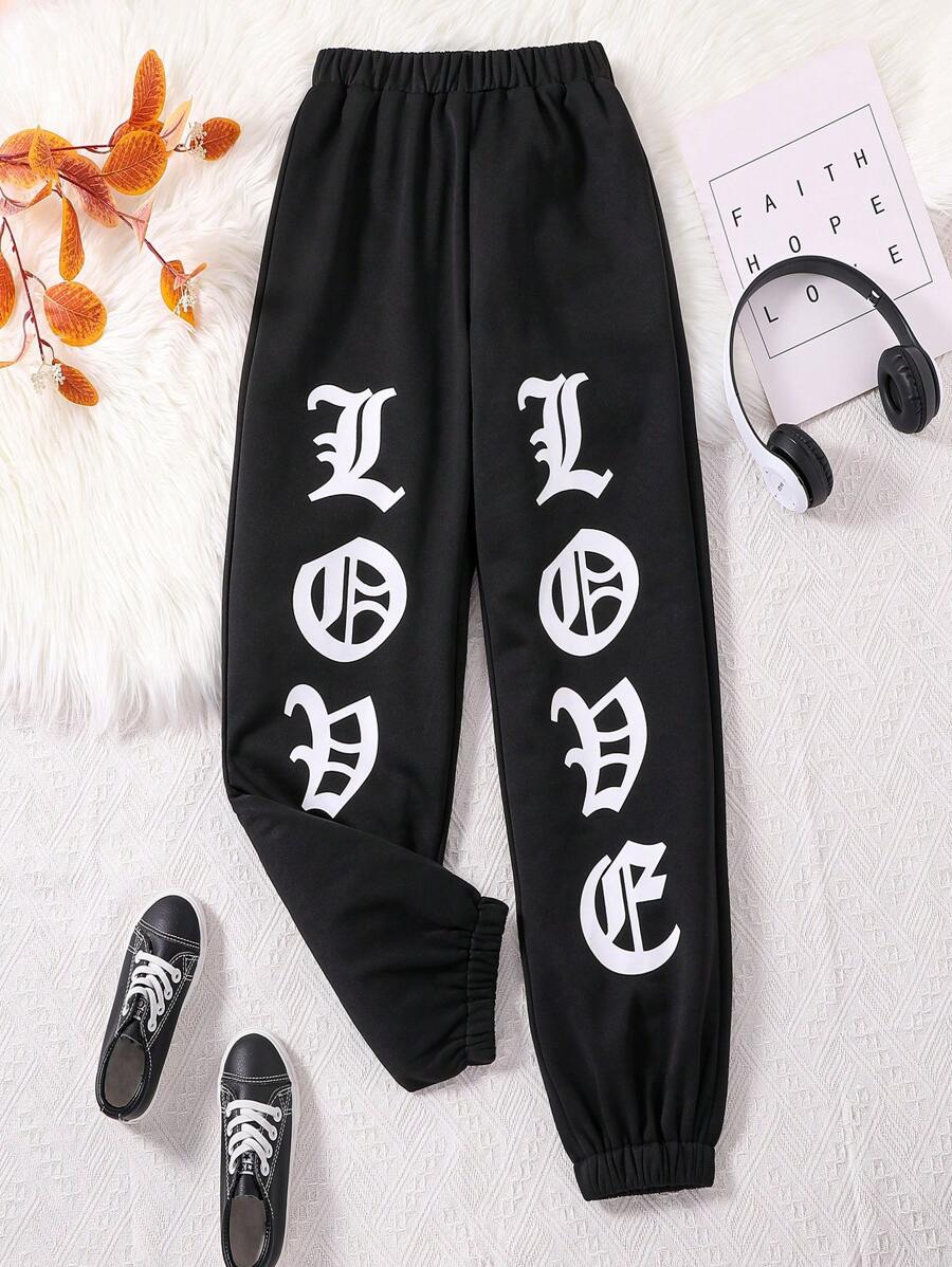 SHEIN Cô gái Tween Đồ họa Chữ cái Eo đàn hồi Quần thể thao - màu đen - Xem 1